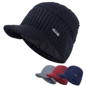 Unisex Warm Winter Hats Stylish Add Fur Lined Soft Beanie Cap With Brim