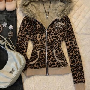 Y2K Hot Girl Autumn Winter Harajuku Vintage Leopard Print Slim Fit Sweatshirt Women Gothic Fur Collar Zipper Long Sleeve Hoodie