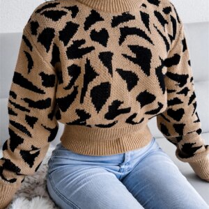 Autumn Winter Round Neck Fashion Leopard Pattern Waist Collection Short Knitted Pullover For Women Sweater Long Sleeve Top