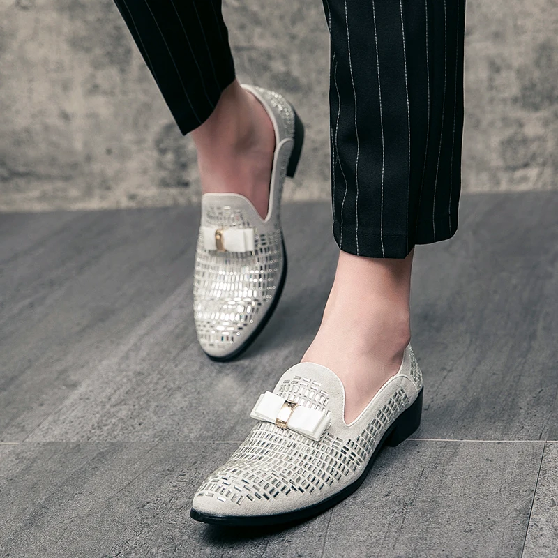 Men Evening formal Dress Rhinestone Shoes Loafers Casual Prom Wedding Party Leather slip on Shoes Men Silver Plus Size 48 - Image 6