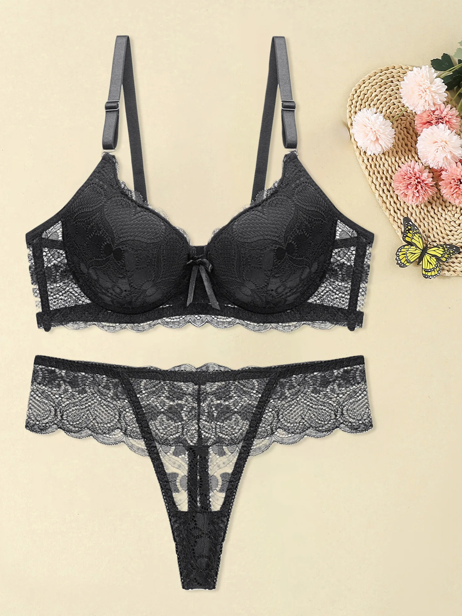 Women s Floral Lace Lingerie Set Sheer Mesh Seductive Babydoll Push up Bra and Panty 2 Pcs Set with Garter Belt - Image 5