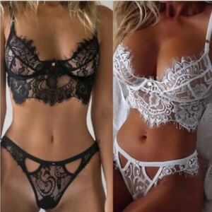 Ultra Thin Lace Sexy Lingerie Set Hot Underwear Women Set Bra and Panty Thong Set Transparent Lace Black Open Intimates