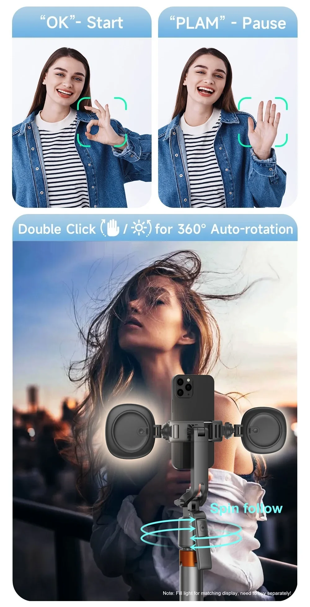 180cm70.9in Facial Tracking 360°Rotation Gimbals Stabilizer Selfie Stick Intelligent Phone Holder Tripod for Mobile Camera GoPro - Image 5
