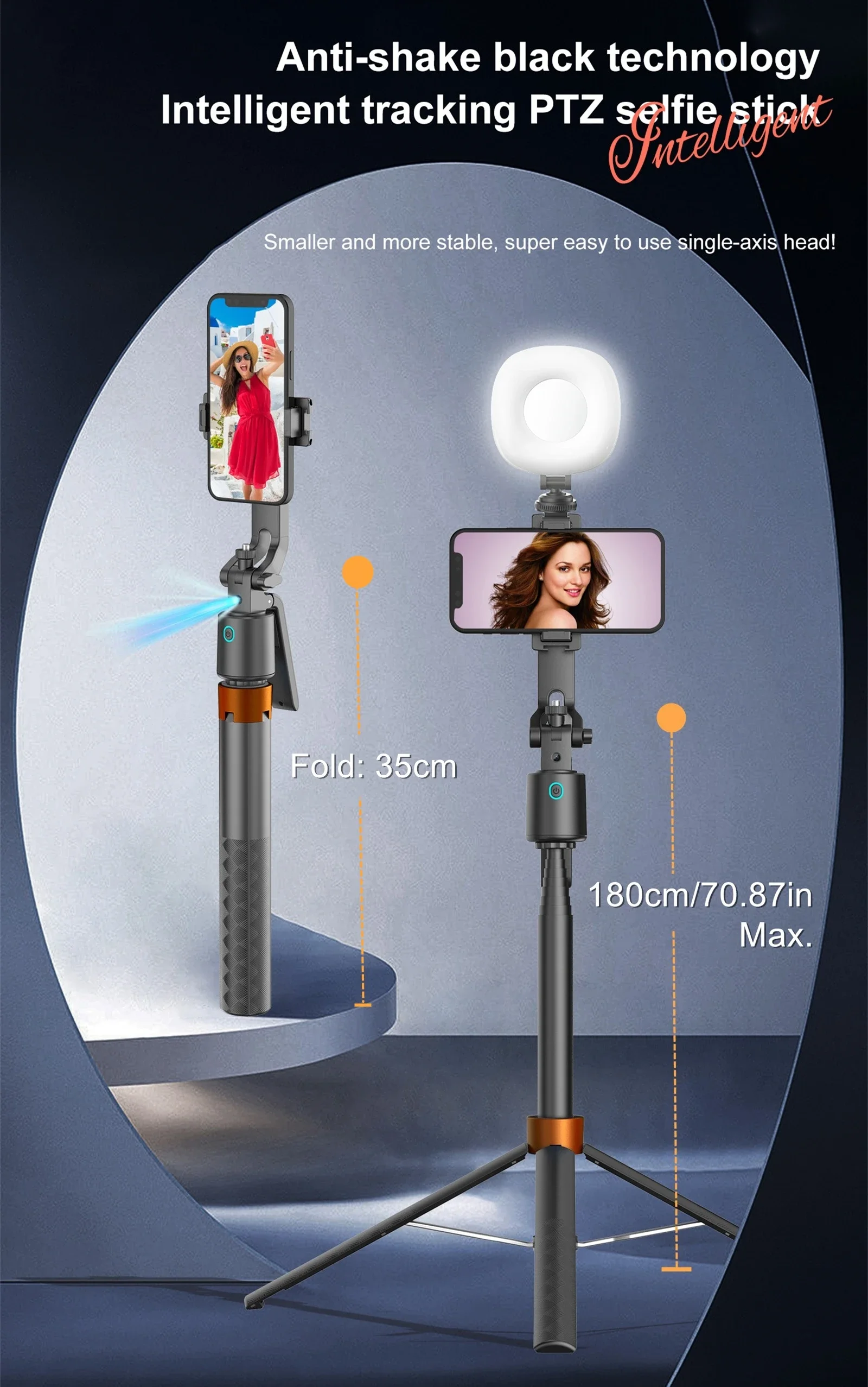 180cm70.9in Facial Tracking 360°Rotation Gimbals Stabilizer Selfie Stick Intelligent Phone Holder Tripod for Mobile Camera GoPro - Image 3