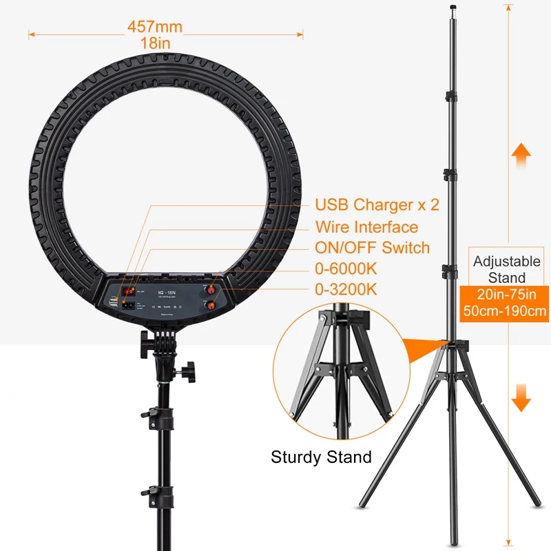 18 inch Ring Light with Tripod Stand 55W 3000-5800K CRI 90 Photo Studio Light for Vlog Video Shooting Makeup Selfie Ring Light - Image 3