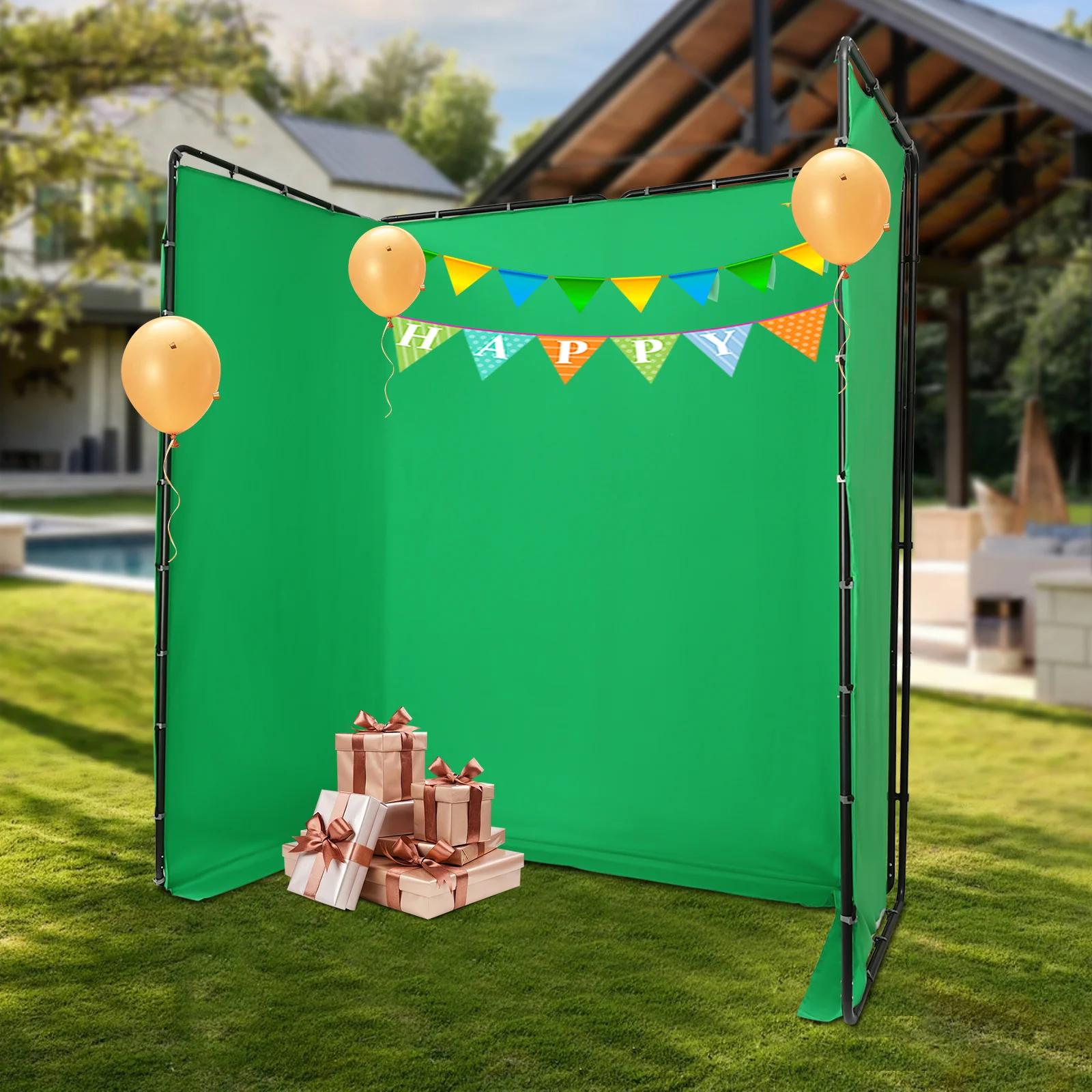 4x2.4-meter Photography Backdrop Stand with Green Cloth Quadruple Screen Background Bracket for Live Videos Interviews Parties - Image 3