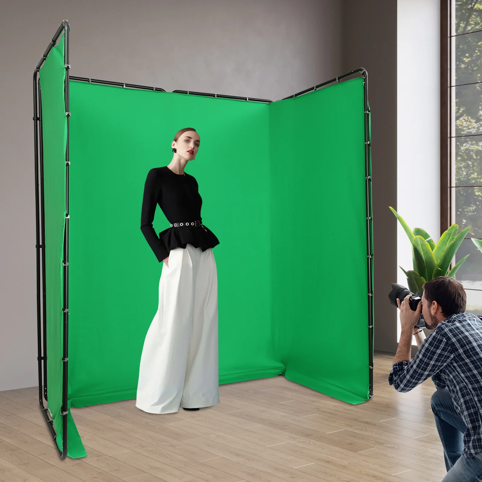 4x2.4-meter Photography Backdrop Stand with Green Cloth Quadruple Screen Background Bracket for Live Videos Interviews Parties - Image 4