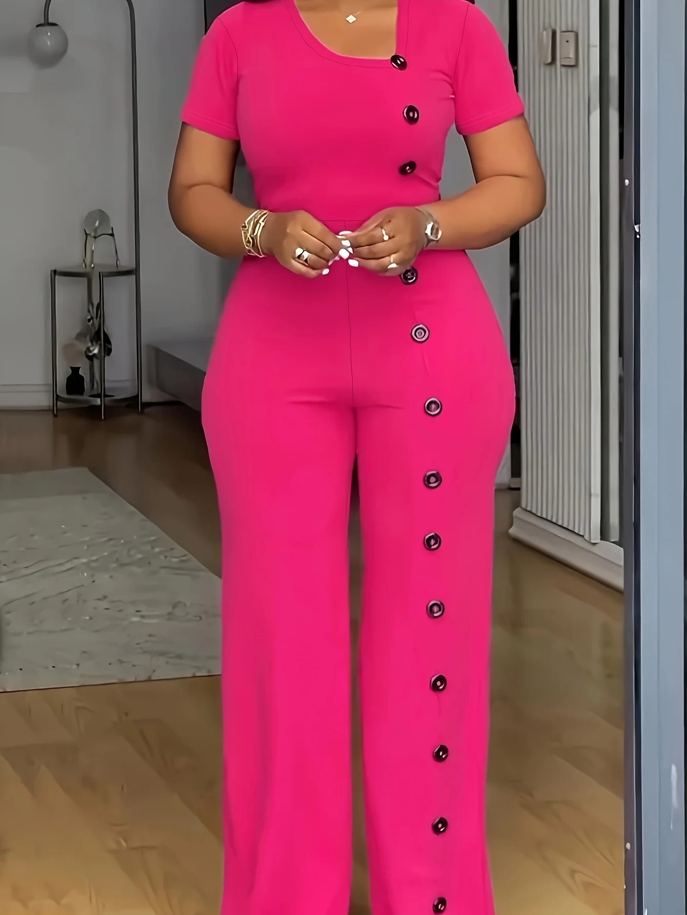 Formal Short Sleeve Buttoned Office Women's Straight Jumpsuit - Image 2