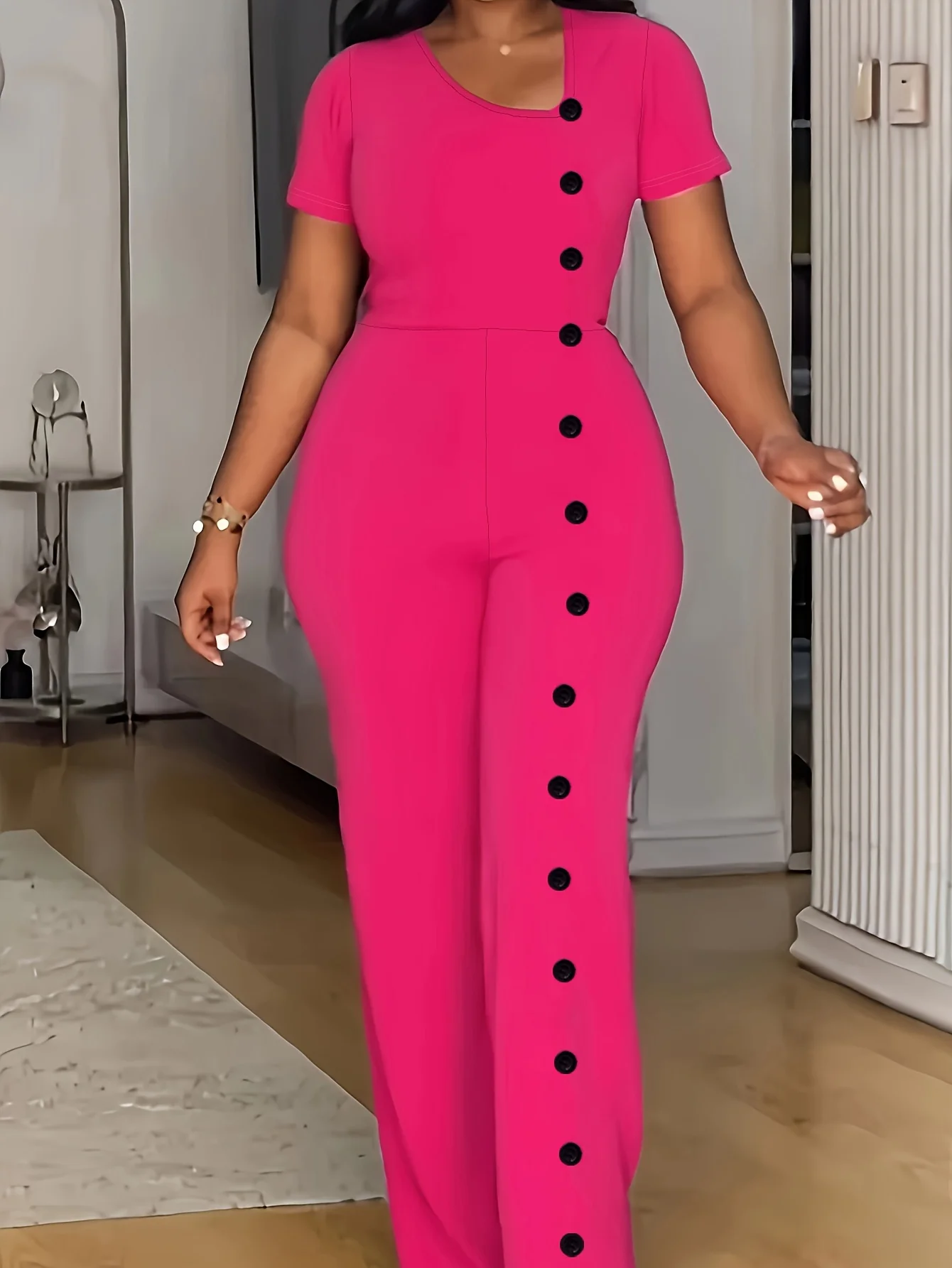 Formal Short Sleeve Buttoned Office Women's Straight Jumpsuit - Image 3
