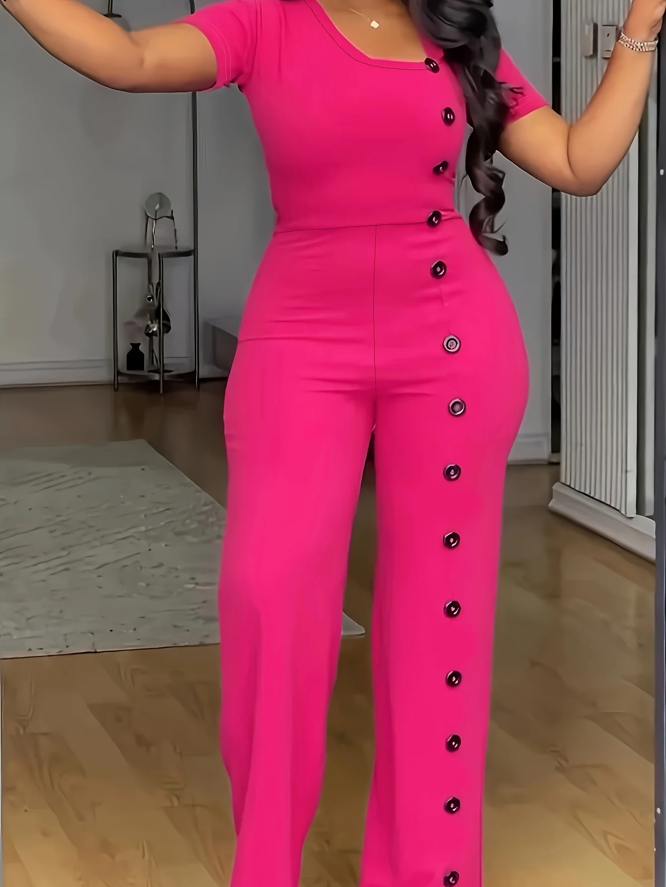 Formal Short Sleeve Buttoned Office Women's Straight Jumpsuit