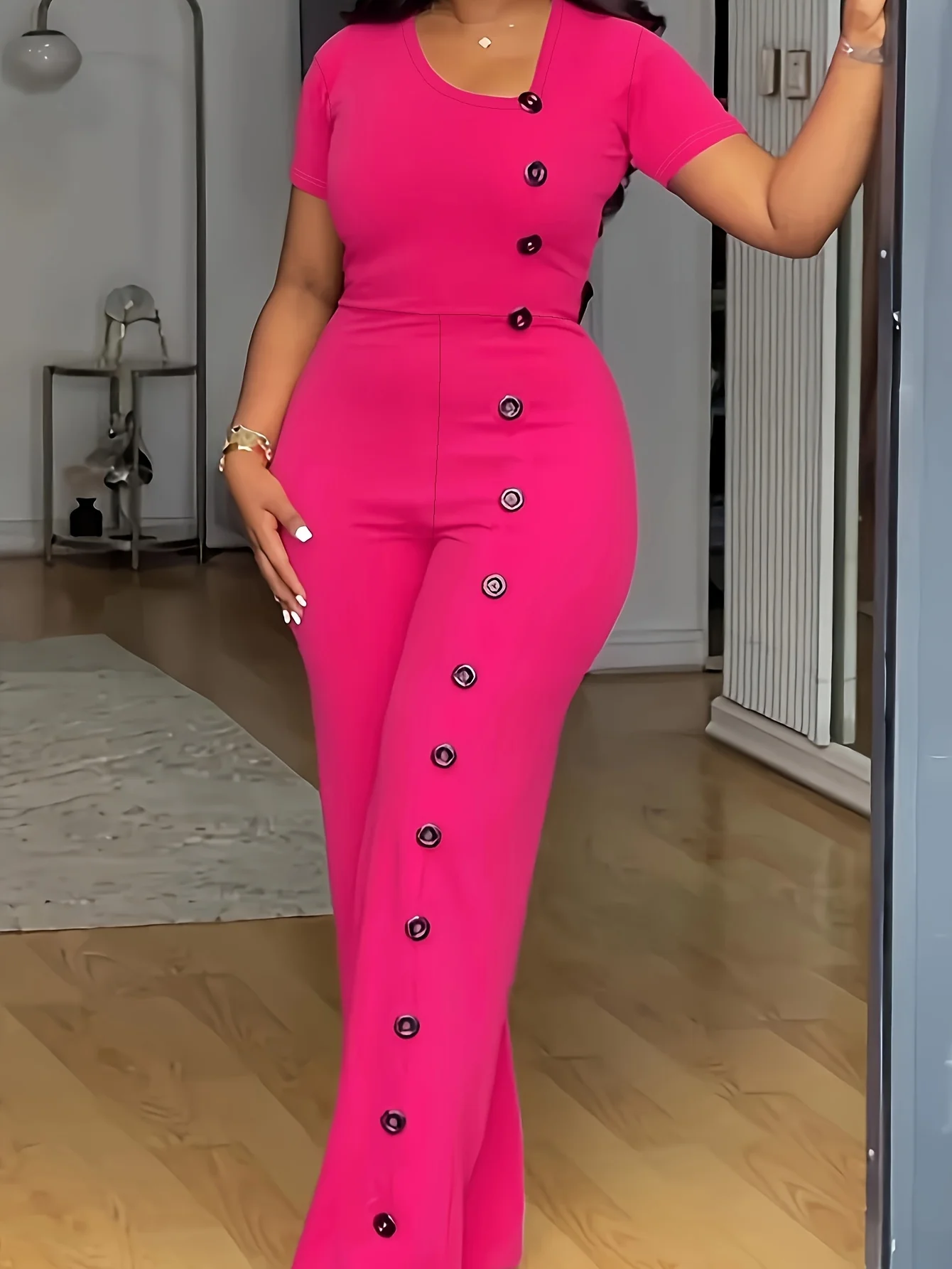 Formal Short Sleeve Buttoned Office Women's Straight Jumpsuit - Image 5