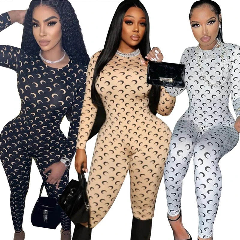 Retro Jumpsuit Women Sexy Slim Fit Moon Print Long Sleeve Tight Leggings Round Neck Versatile Casual Wear Autumn Fashion - Image 4