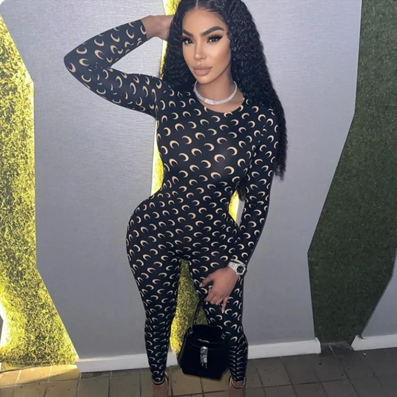 Retro Jumpsuit Women Sexy Slim Fit Moon Print Long Sleeve Tight Leggings Round Neck Versatile Casual Wear Autumn Fashion - Image 3