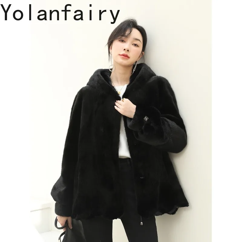 YOLANFAIRY Genuine Whole Mink Fur Jacket for Women Luxury 2025 Winter Natural Fur Coat Hooded Warm Real Black Fur Coats Casaco