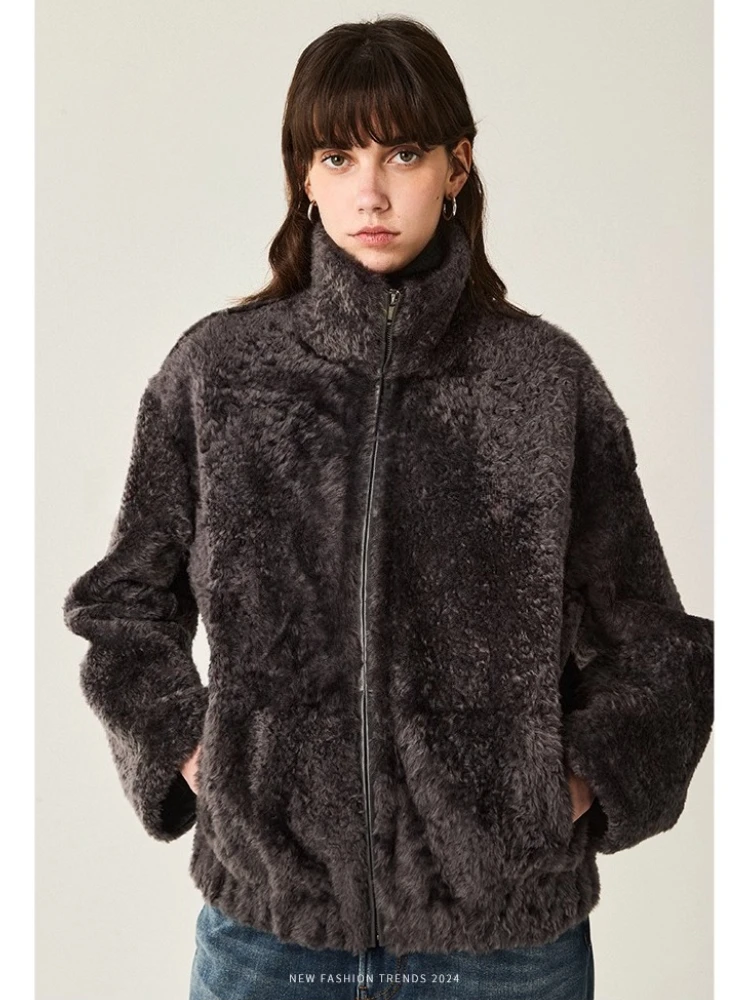 High-end Luxury Lacon Lamb Fur Cropped Winter Jackets for Women 2025 Simple Stand Collar Genuine Leather Real Fur Shearling Coat