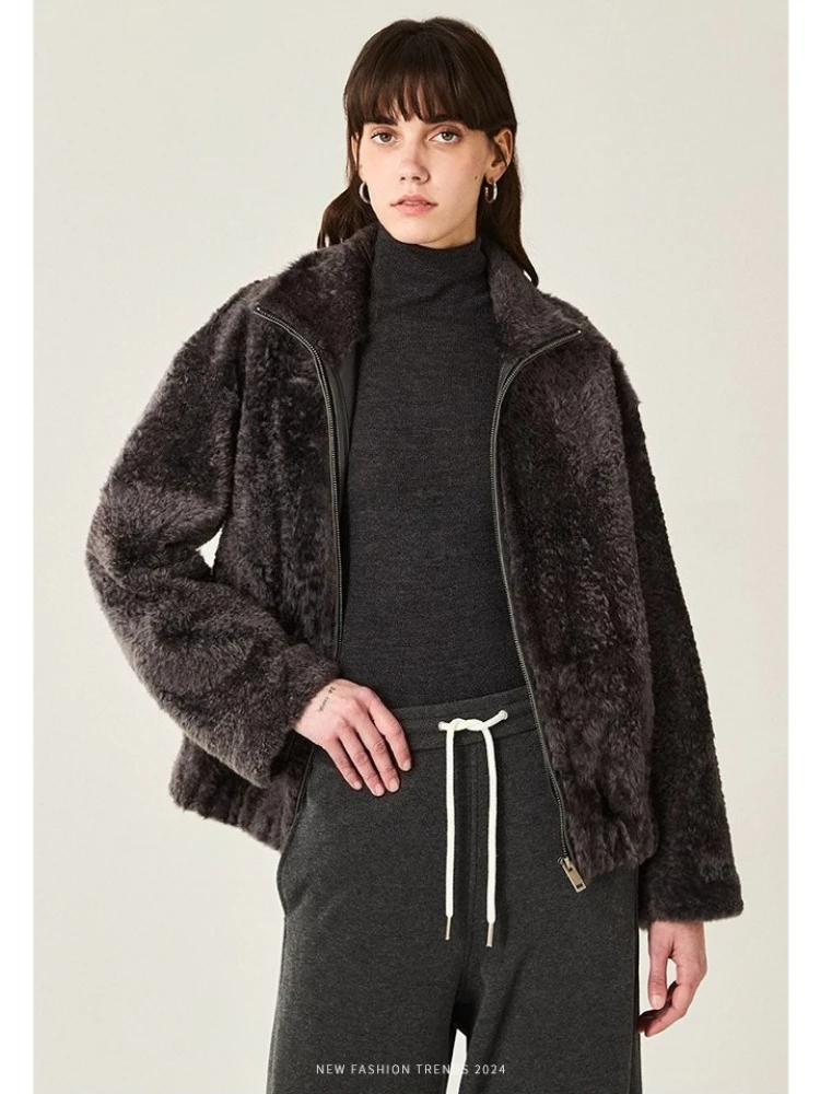 High-end Luxury Lacon Lamb Fur Cropped Winter Jackets for Women 2025 Simple Stand Collar Genuine Leather Real Fur Shearling Coat - Image 3