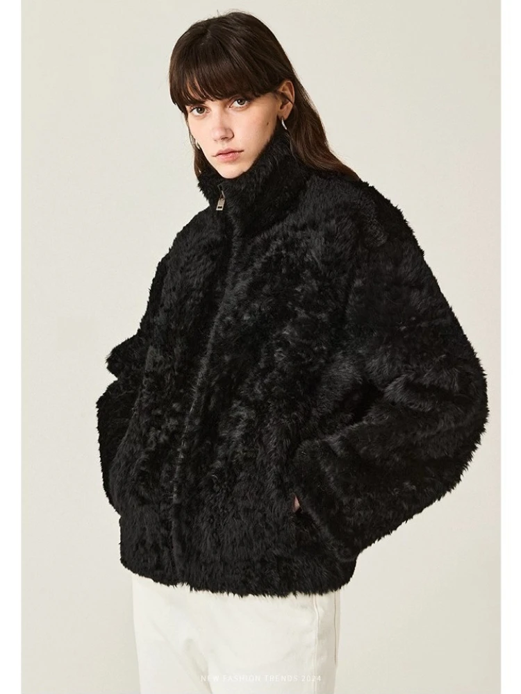 High-end Luxury Lacon Lamb Fur Cropped Winter Jackets for Women 2025 Simple Stand Collar Genuine Leather Real Fur Shearling Coat - Image 6