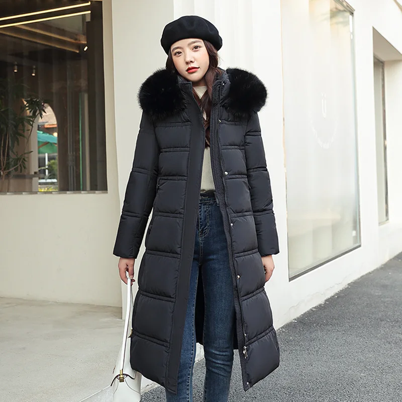 Women Cotton-padded Jacket With Fur Hooded Long Bubble Coat Female Winter Warm Parkas Outerwear Puffer Overcoat with Belt - Image 3