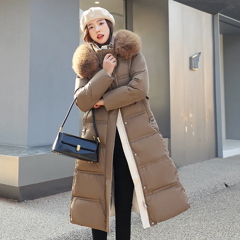Women Cotton-padded Jacket With Fur Hooded Long Bubble Coat Female Winter Warm Parkas Outerwear Puffer Overcoat with Belt - Image 6