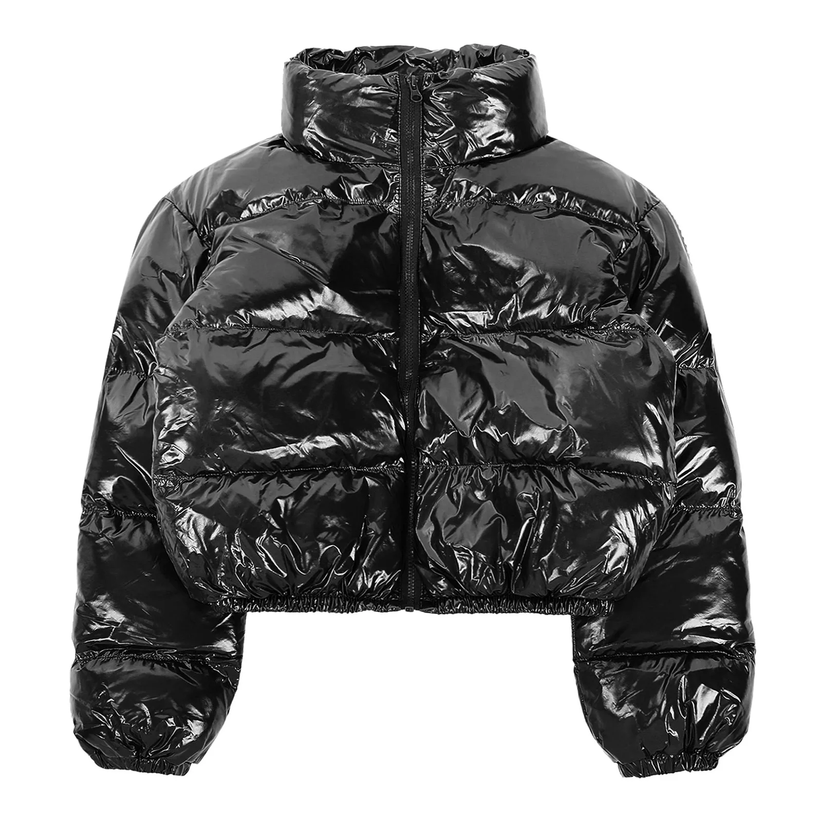 Women's Metallic Glossy Puffy Padded Jacket Quilted Outerwear Coat with Zipper Winter Stand Collar Outdoor Streetwear - Image 5
