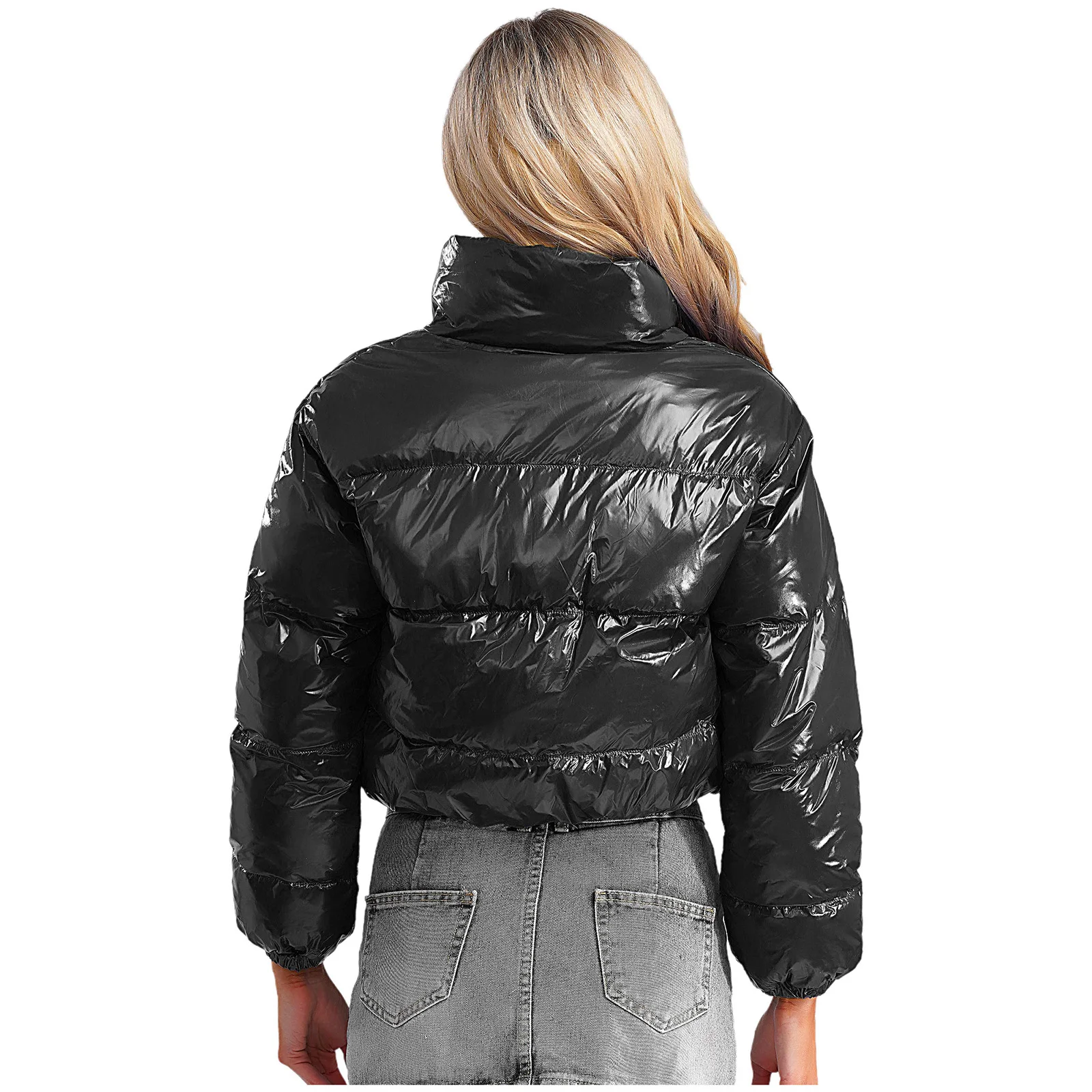 Women's Metallic Glossy Puffy Padded Jacket Quilted Outerwear Coat with Zipper Winter Stand Collar Outdoor Streetwear - Image 4