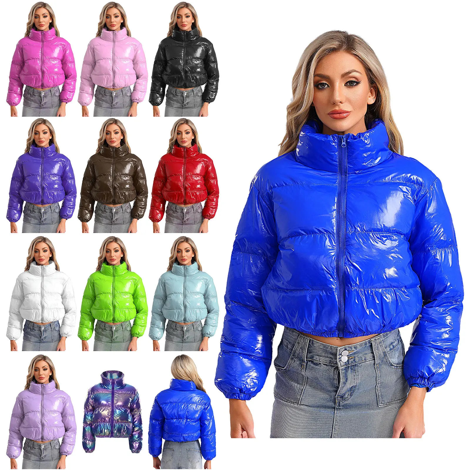 Women's Metallic Glossy Puffy Padded Jacket Quilted Outerwear Coat with Zipper Winter Stand Collar Outdoor Streetwear - Image 6