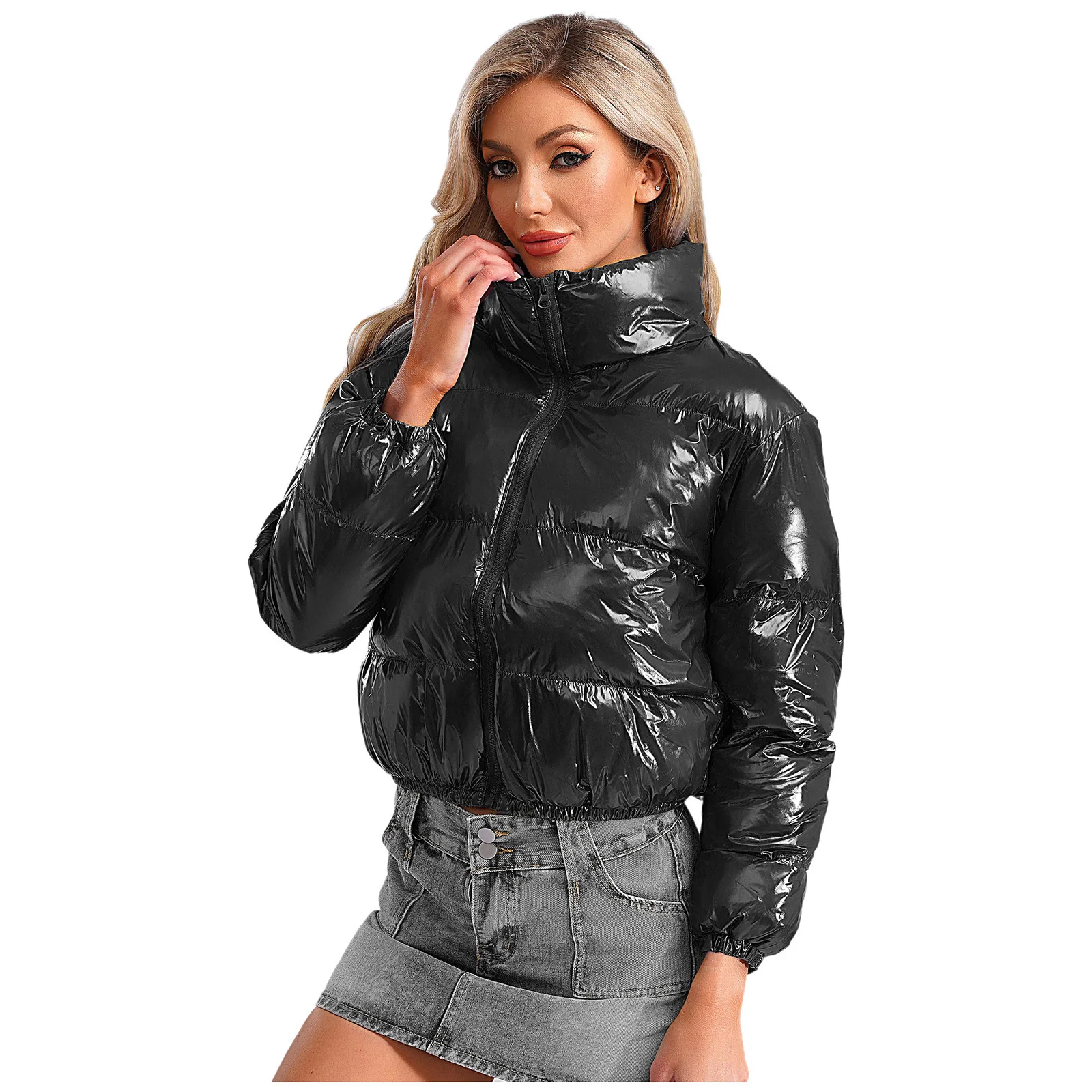 Women's Metallic Glossy Puffy Padded Jacket Quilted Outerwear Coat with Zipper Winter Stand Collar Outdoor Streetwear - Image 3