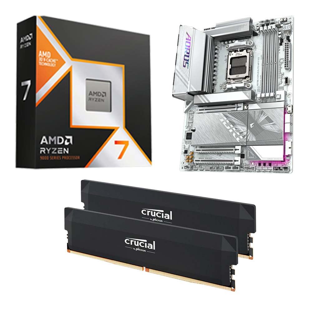 AMD Ryzen 9 9950X3D, Gigabyte X870E Aorus Elite ICE WiFi7 AM5, Crucial Pro Overclocking 32GB DDR5-6000 Kit, Computer Build Bundle