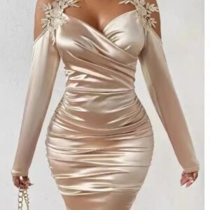 Skinny Pleated Long Sleeve Neck Wrap Dress