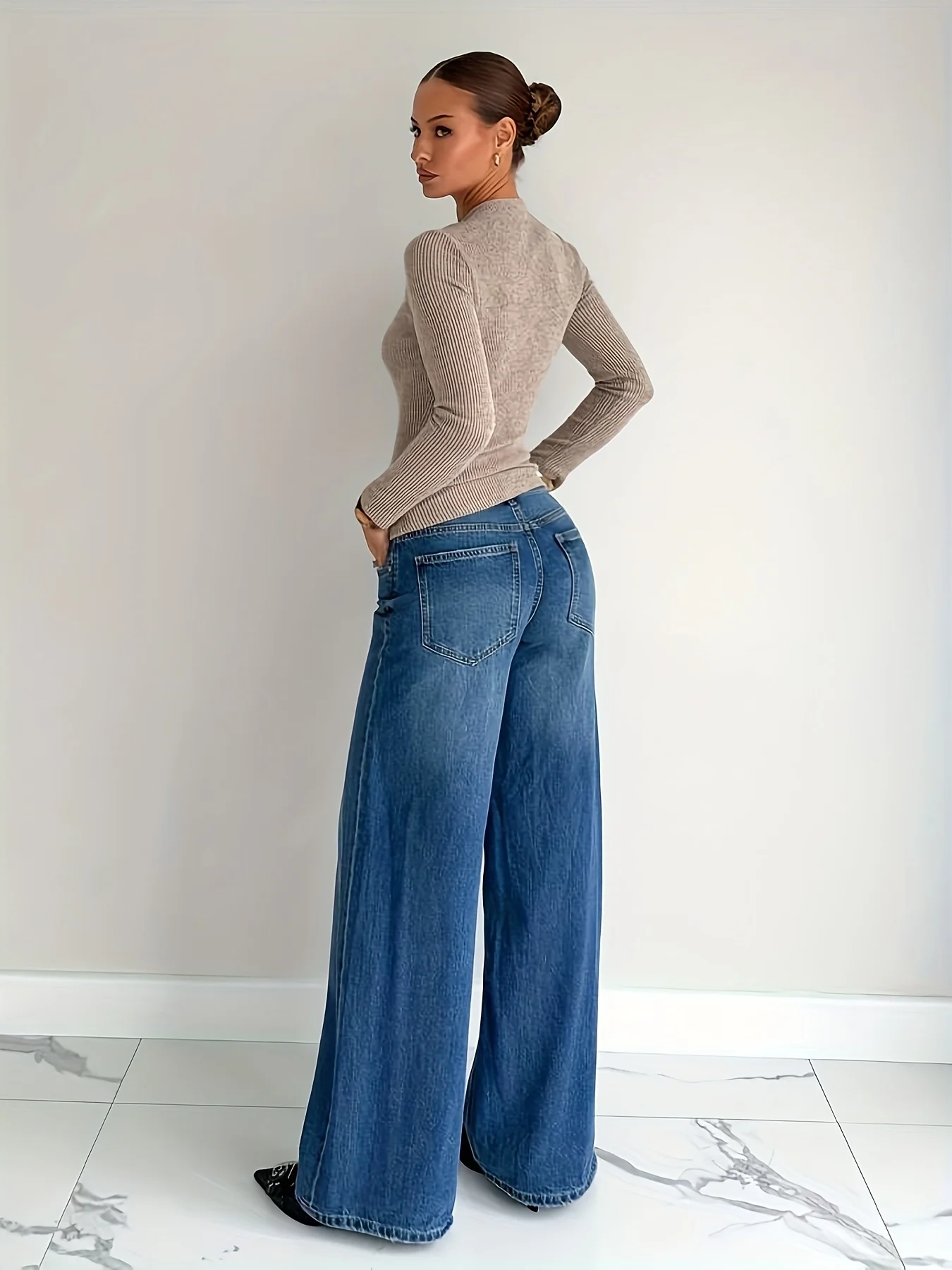 Knitted Asymmetric Collar Metal Buckle Decoration Long Sleeve Shirt - Image 2